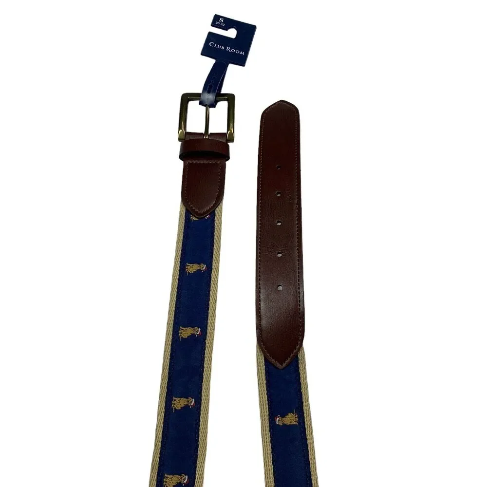 Club Room Mens Faux Leather Holiday Dog Webbed Stretch Belt Blue Tan S 30-32